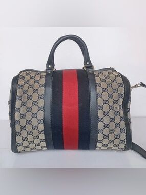 Gucci Beige Monogram Boston Bag with Red and Black Center Stripe